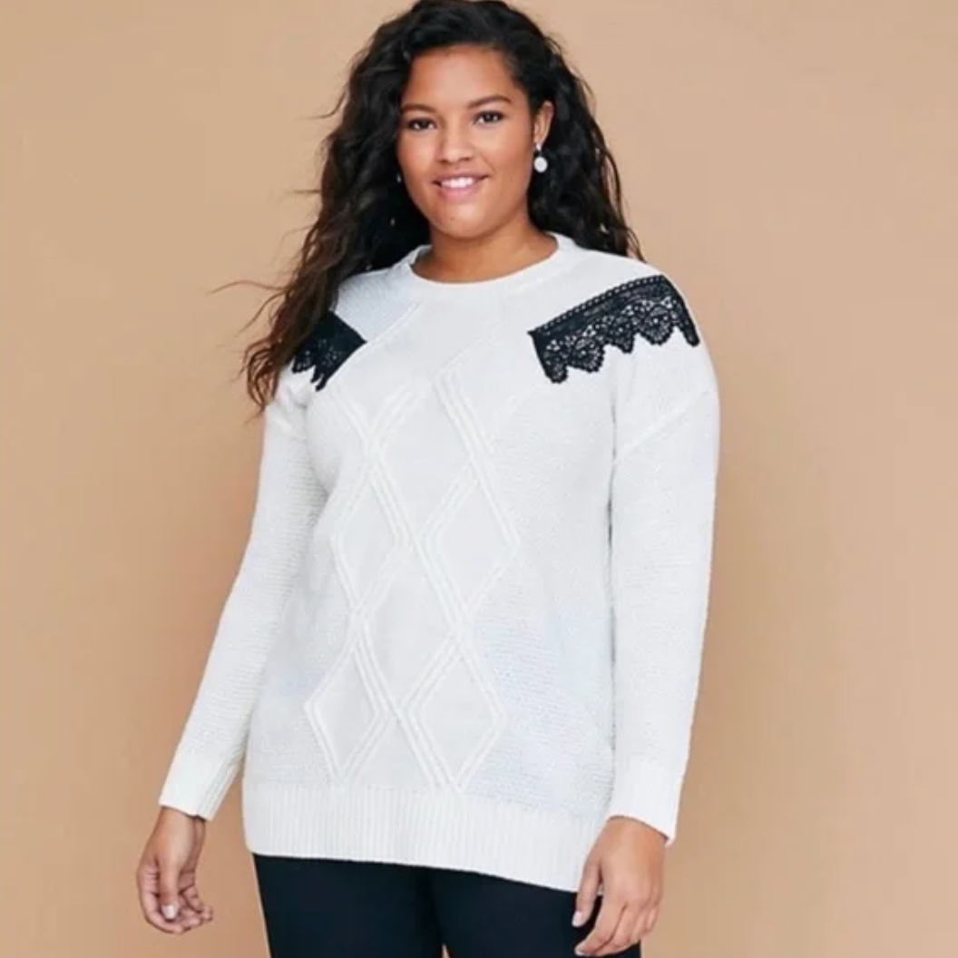 Lane Bryant Women's White Sweater With Black Lace Detail